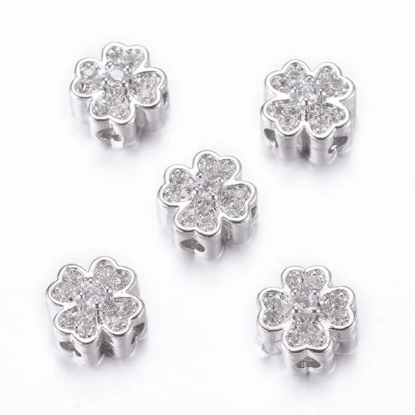 Rack plating brass platinum micro pave cubic zirconia clover beads | manik clover zircon