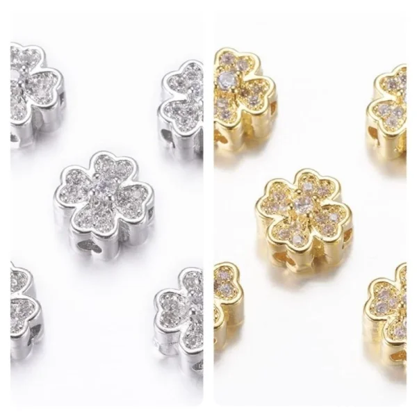 Rack plating brass platinum micro pave cubic zirconia clover beads | manik clover zircon