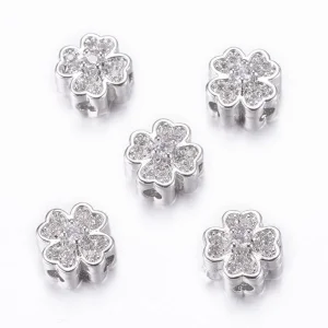Rack plating brass platinum micro pave cubic zirconia clover beads | manik clover zircon