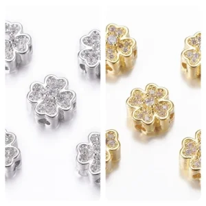 Rack plating brass platinum micro pave cubic zirconia clover beads | manik clover zircon