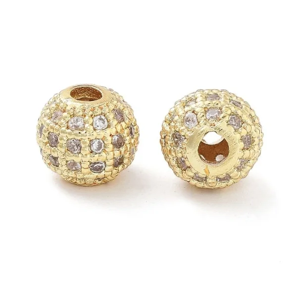 Round Brass Micro Pave Clear CZ Beads, Real 18K Gold Plated | manik zircon bulat