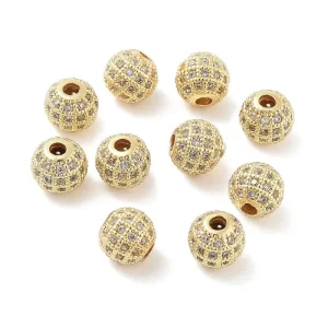 Round Brass Micro Pave Clear CZ Beads, Real 18K Gold Plated | manik zircon bulat