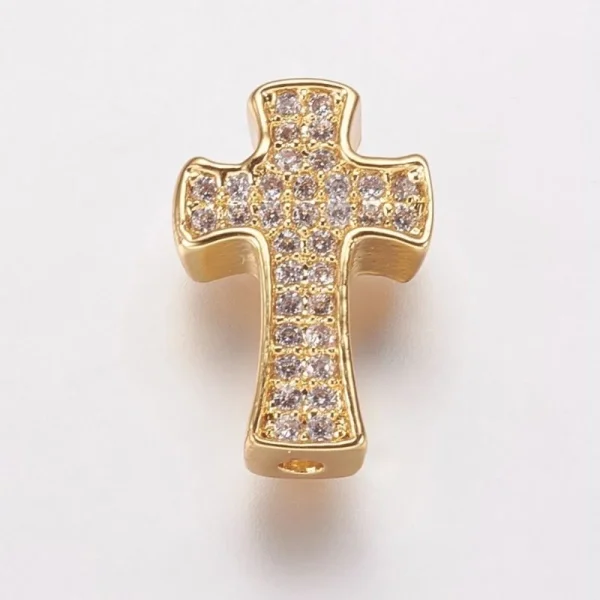 Cross Brass Micro Pave Clear CZ Beads, Real 18K Gold Plated | manik salib zircon