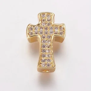 Cross Brass Micro Pave Clear CZ Beads, Real 18K Gold Plated | manik salib zircon