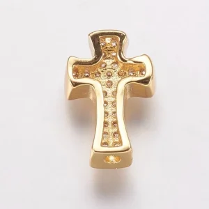Cross Brass Micro Pave Clear CZ Beads, Real 18K Gold Plated | manik salib zircon