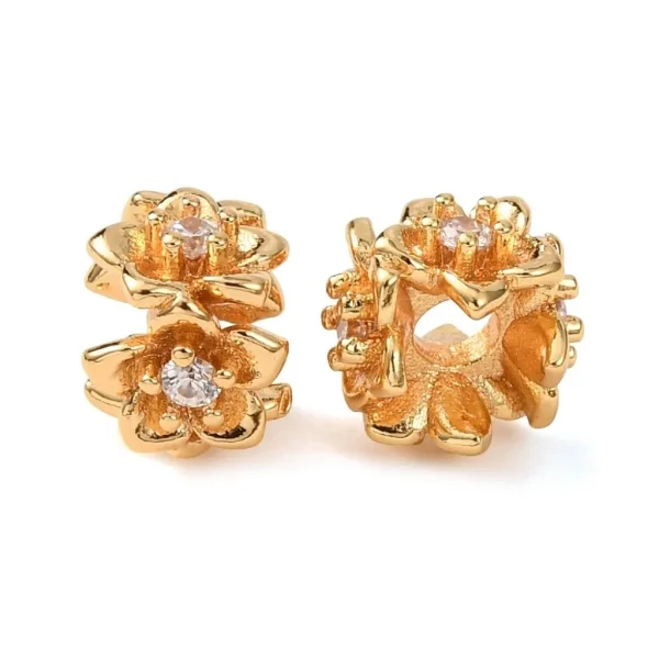 Flower Brass Micro Pave Clear CZ Beads, Real 18K Gold Plated | manik bunga zircon lapis emas