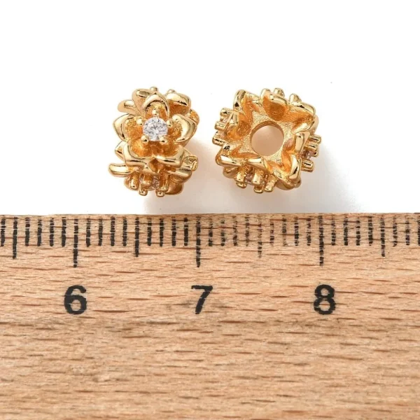 Flower Brass Micro Pave Clear CZ Beads, Real 18K Gold Plated | manik bunga zircon lapis emas