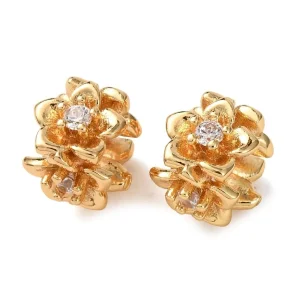 Flower Brass Micro Pave Clear CZ Beads, Real 18K Gold Plated | manik bunga zircon lapis emas