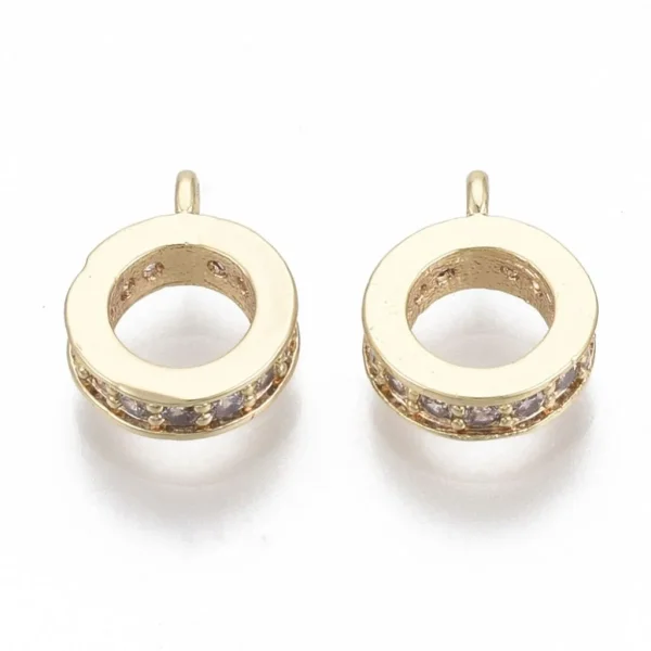 Flat round ring Brass Micro Pave Clear CZ bail Beads, Real 18K Gold Plated | manik gantungan charms zircon