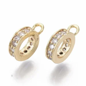Flat round ring Brass Micro Pave Clear CZ bail Beads, Real 18K Gold Plated | manik gantungan charms zircon