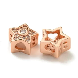 Rack plating brass micro cubic zirconia rosegold star beads