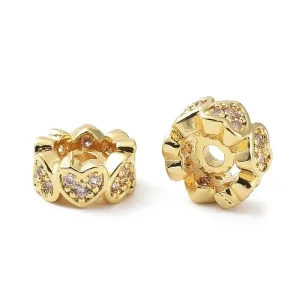 Heart Brass Micro Pave Clear CZ Beads, Real 18K Gold Plated | manik zircon rondel hati