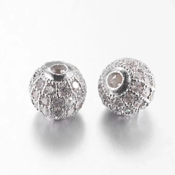Round brass micro pave cubic zirconia clear platinum beads