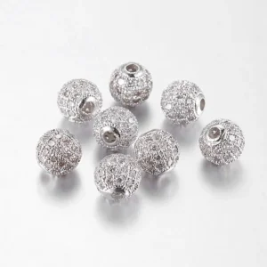 Round brass micro pave cubic zirconia clear platinum beads
