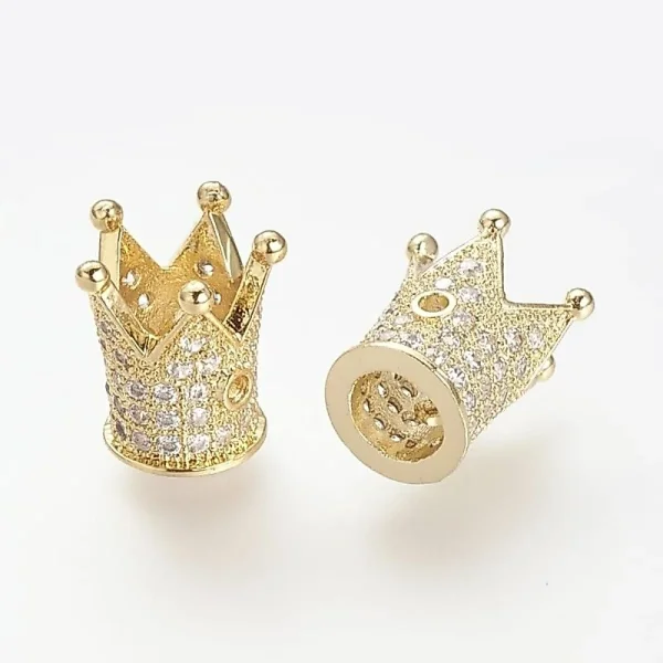 Crown Brass Micro Pave Clear CZ Beads, Real 18K Gold Plated | manik zircon mahkota