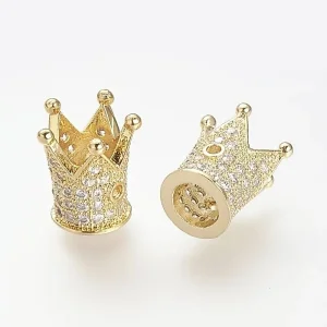 Crown Brass Micro Pave Clear CZ Beads, Real 18K Gold Plated | manik zircon mahkota
