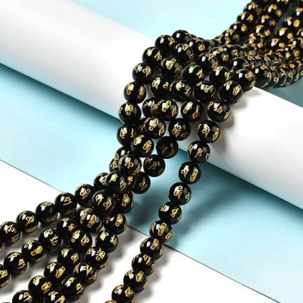 Natural black agate carved om mani padme hum round beads