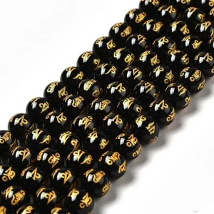 Natural black agate carved om mani padme hum round beads