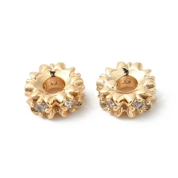 Flat round Brass Micro Pave Clear CZ Beads, Real 18K Gold Plated | manik zircon bulat motif