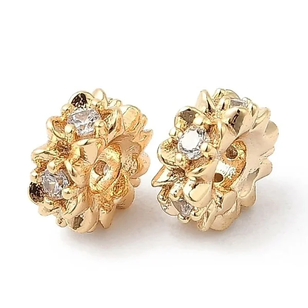Flat round Brass Micro Pave Clear CZ Beads, Real 18K Gold Plated | manik zircon bulat motif
