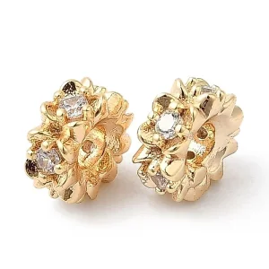 Flat round Brass Micro Pave Clear CZ Beads, Real 18K Gold Plated | manik zircon bulat motif