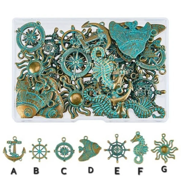 Metal alloy ocean theme pendant green patina | liontin rustic Tema lautan