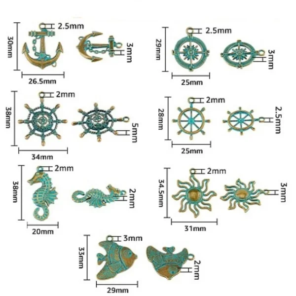 Metal alloy ocean theme pendant green patina | liontin rustic Tema lautan