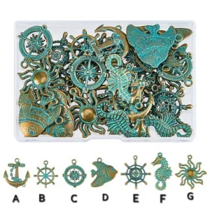 Metal alloy ocean theme pendant green patina | liontin rustic Tema lautan