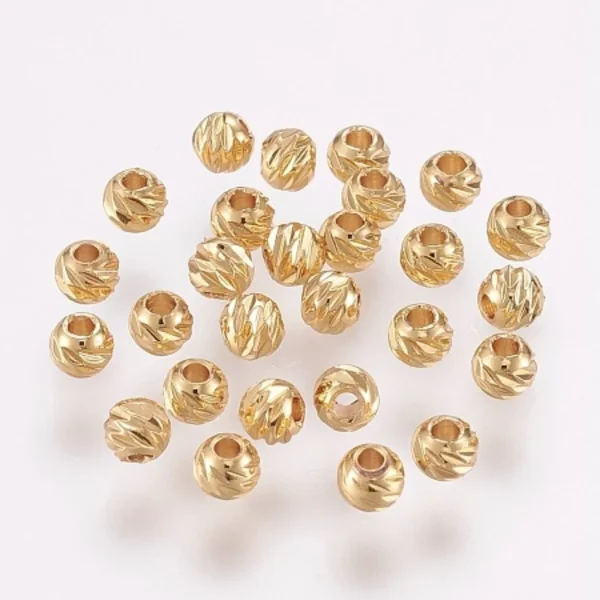 Carved Brass round beads, long lasting plated real 18K Gold, manik motif spiral