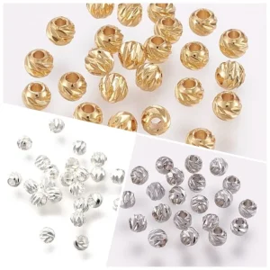 Carved Brass round beads, long lasting plated real 18K Gold, manik motif spiral