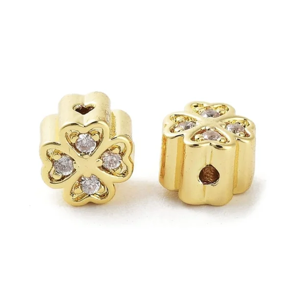 Clover Brass Micro Pave Clear CZ Beads, Real 18K Gold Plated | manik clover zircon