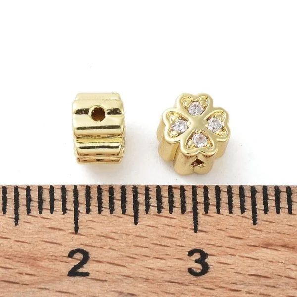 Clover Brass Micro Pave Clear CZ Beads, Real 18K Gold Plated | manik clover zircon