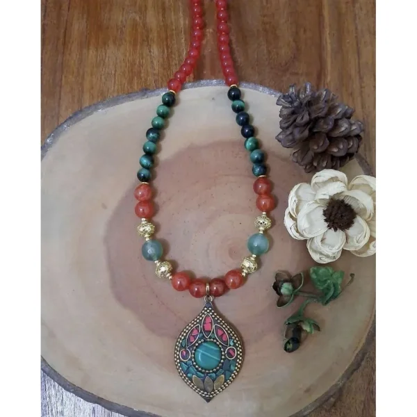 Kalung ethnic red agate and green tiger eye | kalung etnik elegan