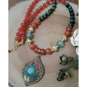 Kalung ethnic red agate and green tiger eye | kalung etnik elegan
