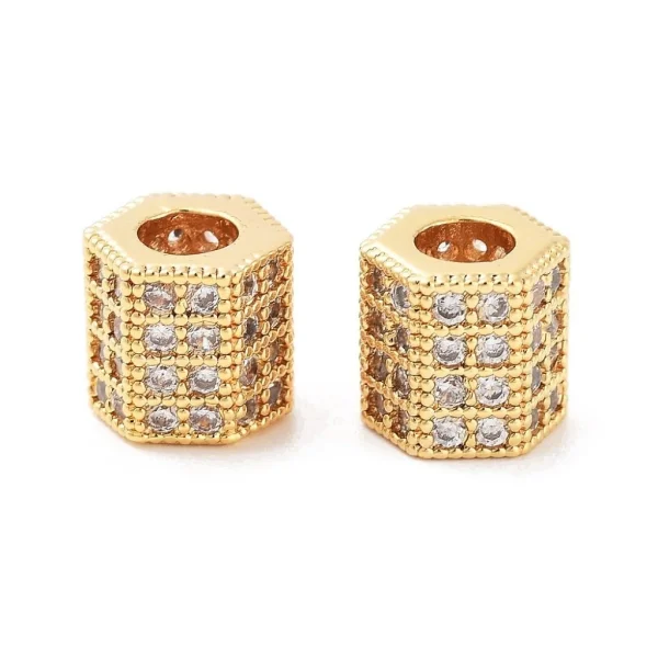 Hexagonal Brass Micro Pave Clear CZ Beads, Real 18K Gold Plated | manik zircon hexagon