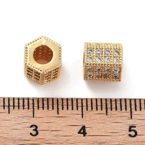 Hexagonal Brass Micro Pave Clear CZ Beads, Real 18K Gold Plated | manik zircon hexagon