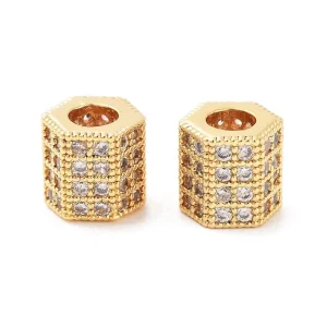 Hexagonal Brass Micro Pave Clear CZ Beads, Real 18K Gold Plated | manik zircon hexagon