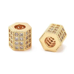 Hexagonal Brass Micro Pave Clear CZ Beads, Real 18K Gold Plated | manik zircon hexagon