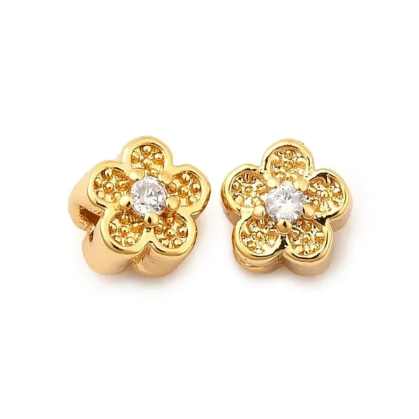 Flower Brass Micro Pave Clear CZ Beads, Real 18K Gold Plated | manik bunga lapis emas dan zircon