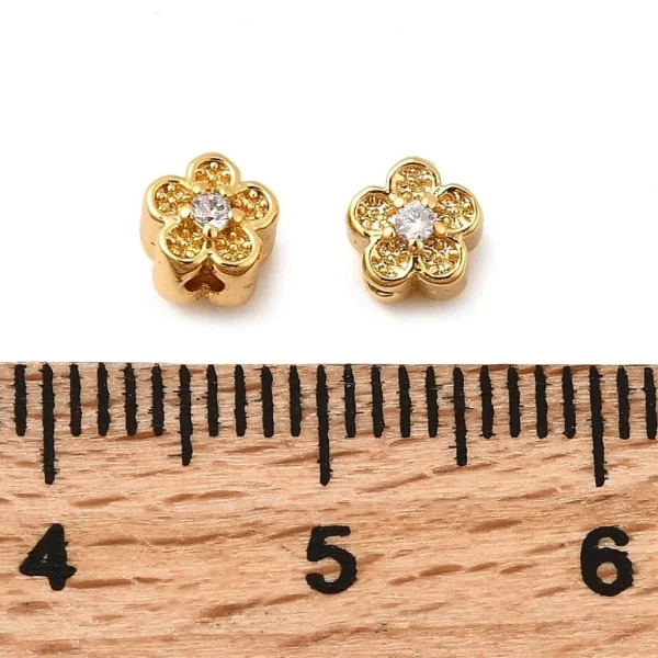 Flower Brass Micro Pave Clear CZ Beads, Real 18K Gold Plated | manik bunga lapis emas dan zircon