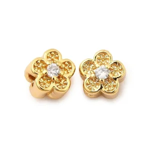 Flower Brass Micro Pave Clear CZ Beads, Real 18K Gold Plated | manik bunga lapis emas dan zircon