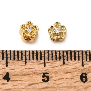 Flower Brass Micro Pave Clear CZ Beads, Real 18K Gold Plated | manik bunga lapis emas dan zircon