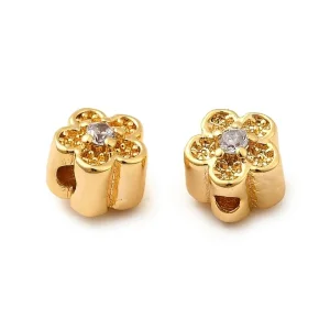 Flower Brass Micro Pave Clear CZ Beads, Real 18K Gold Plated | manik bunga lapis emas dan zircon