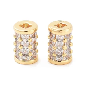 Tube Brass Micro Pave Clear CZ Beads, Real 18K Gold Plated | manik tabung zircon