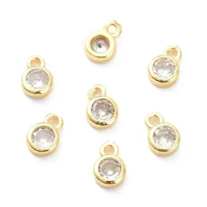 Flat round Brass Micro Pave Clear CZ charm pendant, Real 18K Gold Plated | liontin charm simpel bulat