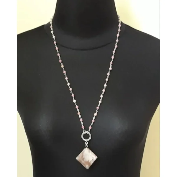 Kalung panjang natural pink rhodonite