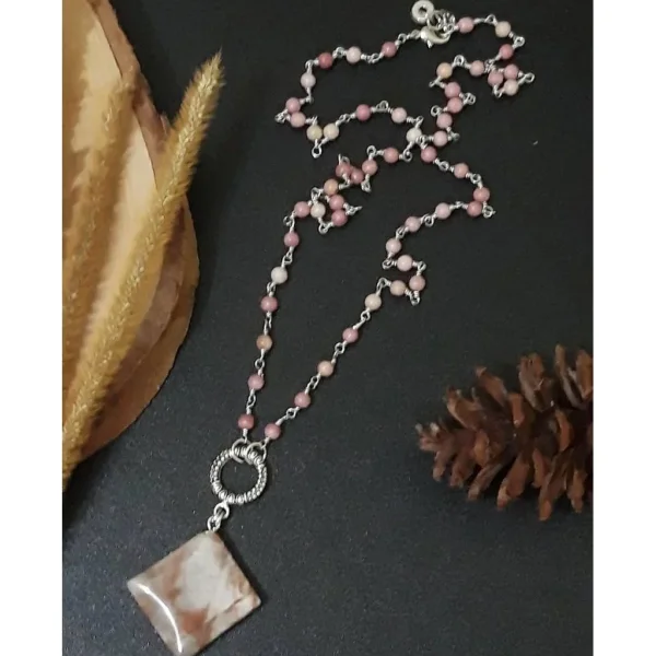Kalung panjang natural pink rhodonite