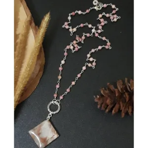 Kalung panjang natural pink rhodonite